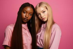 ai gegenereerd modieus twee jong multiraciaal Dames poseren samen geïsoleerd Aan roze achtergrond foto