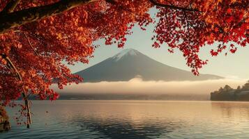 ai gegenereerd fuji berg en meer kawaguchiko in herfst seizoen, Japan foto