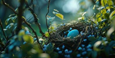 ai gegenereerd een Pasen eieren nest in een tuin foto