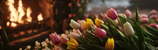 ai gegenereerd roze, geel en wit tulpen zijn zittend De volgende naar de haard, foto