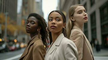 ai gegenereerd drie bedrijf Dames poseren in een stedelijk straat foto