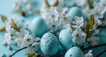ai gegenereerd pastel blauwgekleurd Pasen eieren en bloemen Aan de achtergrond foto