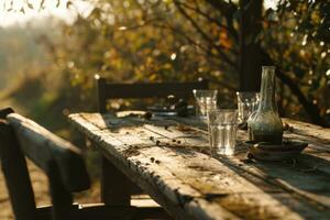 ai gegenereerd deze beeld shows een houten tafel, stoelen en bril buitenshuis in de vallen foto