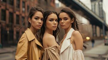 ai gegenereerd drie brunette Dames poseren in de straat foto