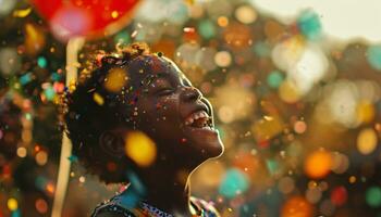 ai gegenereerd kind lachend met ballonnen en kleurrijk confetti foto