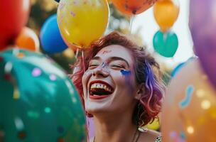 ai gegenereerd vrouw lachend met kleurrijk ballonnen in de lucht, foto