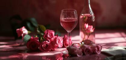 ai gegenereerd een fles van roze wijn en een glas van water met rozen foto