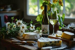 ai gegenereerd een fles van wit wijn, kaas borden en bloemen Aan de tafel foto