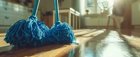 ai gegenereerd twee blauw dweilen zittend Aan een houten verdieping foto