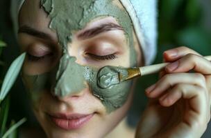 ai gegenereerd vrouw gebruik makend van een olijf- olie en klei gezicht masker foto