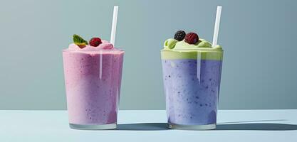 ai gegenereerd twee Purper fruit yoghurt smoothies Aan een tafel foto