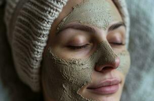 ai gegenereerd vrouw zetten natuurlijk klei masker Aan foto