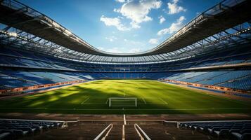 ai gegenereerd hoog hoek vaststelling schot. stadion met voetbal kampioenschap wedstrijd. teams Speel, drukte van fans juichen. Amerikaans voetbal kop toernooi. sport kanaal concept, scherm inhoud. breed schot. ai foto