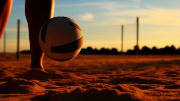 ai gegenereerd een persoon spelen volleybal Aan een zanderig strand. generatief ai foto