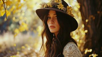 ai gegenereerd elegant vrouw in hoed versierd met herfst bloemen, dromerig vallen tafereel foto