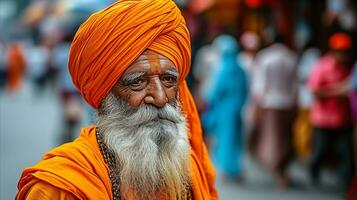 ai gegenereerd een ouderen Mens met een tulband in oranje, symboliseert wijsheid en traditie. generatief ai foto