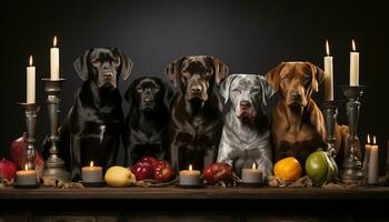 ai gegenereerd een schattig puppy zittend Aan een tafel, op zoek Bij een kaars gegenereerd door ai foto