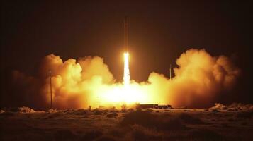 ai gegenereerd dramatisch raket lancering Bij nacht met vurig uitlaat en rook foto