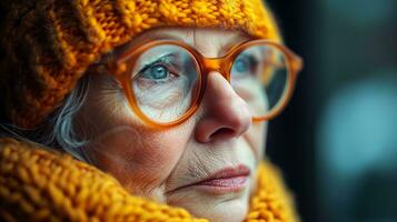 ai gegenereerd ouderen vrouw met blauw ogen in herfst, reflecterende en warm portret foto