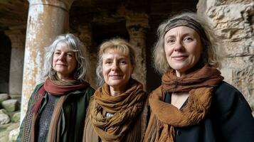 ai gegenereerd drie Dames staand in voorkant van oude artefacten. generatief ai foto