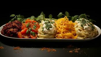 ai gegenereerd versheid en smaak Aan een bord, pasta en tomaat genot gegenereerd door ai foto
