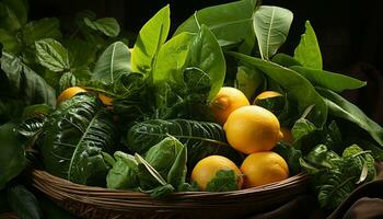 ai gegenereerd vers citrus fruit Aan houten tafel, levendig kleuren, gezond aan het eten gegenereerd door ai foto