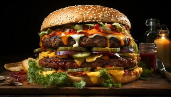 ai gegenereerd gegrild fijnproever hamburger met kaas, tomaat, en ui Aan bun gegenereerd door ai foto
