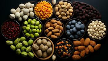 ai gegenereerd gezond aan het eten een verscheidenheid van biologisch noten en zaden gegenereerd door ai foto