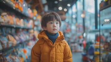 ai gegenereerd nieuwsgierig weinig jongen boodschappen doen in kruidenier op te slaan gangpad in winter jasje foto