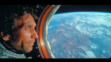 ai gegenereerd astronaut staren Bij aarde van ruimtevaartuig venster, ruimte exploratie foto