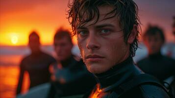 ai gegenereerd jong surfer met vrienden genieten van zonsondergang Bij de strand in wetsuits foto