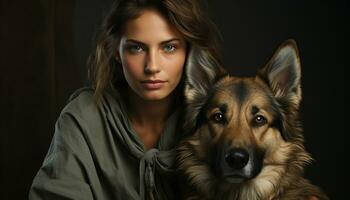 ai gegenereerd mooi vrouw met bruin haar- en schattig hond, op zoek Bij camera gegenereerd door ai foto