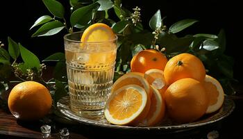 ai gegenereerd vers citrus fruit Aan een houten tafel, verfrissend zomer drinken gegenereerd door ai foto