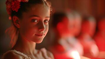 ai gegenereerd een groep van meisjes in ballet kleding staan in een licht Oppervlakte. generatief ai foto