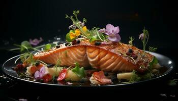 ai gegenereerd gegrild Zalm filet, vers salade, gezond maaltijd Aan natuur bord gegenereerd door ai foto