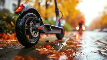 ai gegenereerd elektrisch scooter Aan regenachtig straat met herfst bladeren en fietser in achtergrond foto