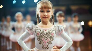 ai gegenereerd een jong meisje in een ballet kostuum opvallend een houding voor de camera, presentatie van haar genade en elegantie. foto