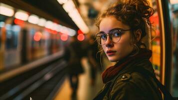 ai gegenereerd jong vrouw aan het wachten Bij metro station platform in avond licht foto