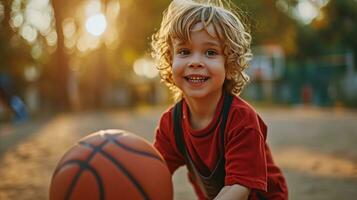 ai gegenereerd een jong jongen vol vertrouwen houdt een basketbal bal en is klaar naar Speel de spel met enthousiasme. generatief ai foto
