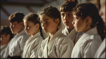 ai gegenereerd kinderen beoefenen karate samen Bij een Sportschool. generatief ai foto