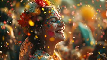 ai gegenereerd blij vrouw vieren Bij kleurrijk holi festival met confetti foto