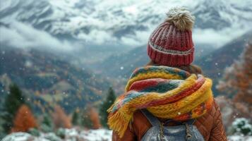 ai gegenereerd vrouw bewonderend besneeuwd berg landschap in winter foto