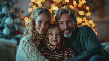 ai gegenereerd gelukkig familie in de buurt de Kerstmis boom. foto