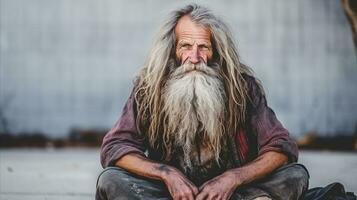 ai gegenereerd een dakloos Mens met lang haar- en een baard is zittend Aan de grond. generatief ai foto