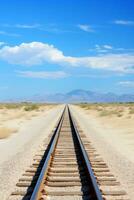 ai gegenereerd een trein bijhouden uitrekken aan de overkant een dor woestijn landschap, verdwijnen in de uitgestrektheid van de dor terrein. generatief ai foto