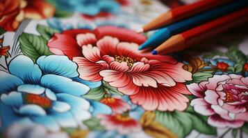 ai gegenereerd kleurrijk bloemen Aan een kleur boek met gekleurde potloden, creëren een levendig en artistiek tafereel. generatief ai foto