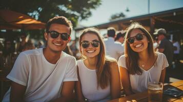 ai gegenereerd drie jong mensen vervelend zonnebril genieten van gesprek Bij een buitenshuis bar. generatief ai foto