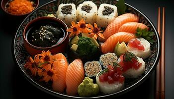 ai gegenereerd versheid Aan bord sushi, sashimi, zeevruchten, rijst, avocado, noch ik gegenereerd door ai foto