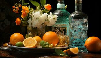 ai gegenereerd vers citrus fruit Aan een houten tafel, natuur gezond verfrissing gegenereerd door ai foto