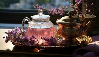 ai gegenereerd Purper bloem in theepot Aan houten tafel met vaas en drinken gegenereerd door ai foto